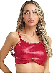 [winying] Women Fashion Shiny Metallic Tank Top Round Neck Spaghetti Straps Unlined Crop Top Vest Clubwear