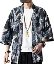 [Whyzsjnclg] Men Japanese Cardigan Seven Sleeves Thin Open Front Kimono Coat Jacket M Blue Men Kimono Cardigan Jacket