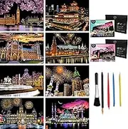 8 Sheets Rainbow Scratch Art City Building Scratch Paper Foil Art for Adults Colorful Sketches Scratch Off Coloring Book Gifts for Craft Lovers、Girls 、Boys for Valentines、Christmas(City Series)