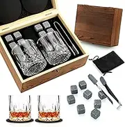 Whisky Glass Gift Set, Whisky Stones, Whisky Gift Sets for Men, 8 Whisky Stones, 2 Crystal Whisky Glasses, Wooden Box Gift, Birthday Gifts for Men, Dad, Husband, Valentine's Day/Father's Day