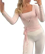 [Yiulangde] Women Y2k Long Sleeve Wrap Crop Top Ballet Pilates Workout Yoga Tie Front Shirts V Neck Slim Fit Wrap Corset Tops