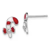 Sterling Silver Madi K Rhodium-Plated Polished Red & White Enameled Crystal Candy Cane Children'S Post Earrings