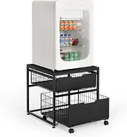 OUDUCK Mini Fridge Stand with Storage Drawer, 21.7”x21.7” Heavy Duty Mini Fridge Table with Wheels, Rolling Beverage Cart with Basket for Home, Office, Bedroom
