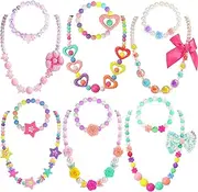 PinkSheep Beaded Necklace and Beads Bracelet for Kids, 6 Sets, Little Girls Jewelry Sets, Favors Bags for Girls