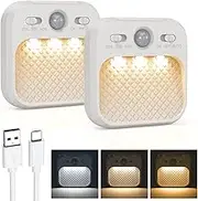 AMIR Rechargeable Battery Night Light, Mini Motion Sensor Light, 3 Colors LED Stick-On Closet Light with Adjustable Brightness, 2 Sensor Modes for Wall, Stairs, Hallway, Cabinet (2 Pack)