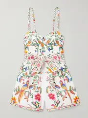 [Farm Rio] Farm Rio - Belted Floral-print Linen Playsuit - White - medium medium White