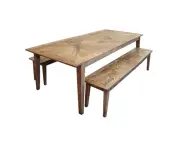 LENNON RUSTIC PROVINCIAL RECYCLED ELM PARQUETRY 3 PIECE BENCH DINING SET 220 CM