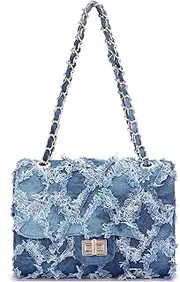 [MKP COLLECTION] MKP Women Small Shoulder Bags Quilted Crossbody Distressed Jean Denim Purse Evening Bag Clutch Handbag with Chain Strap
