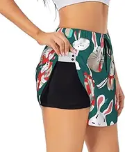 [WURTON] Bunny Rabbits Print Exercise Gym Workout Shorts Women's Athletic Shorts Dual-Layered Yoga Running Shorts