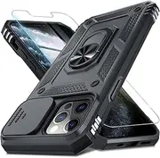 Janmitta for iPhone 11 Pro Case Built in Slide Camera Lens Cover+Screen Protector,Heavy Duty Shockproof Full Body Phone Cover with Finger Ring Holder Kickstand,Black