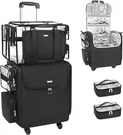 [Relavel] Rolling Makeup Train Case, Hairstylist Traveling Bag with 4 Wheels, Heat Insulation Full Layer, Adjustable Dividers, Hair Tools and Cosmetics Storage Organizer, Black-large clear makeup bag