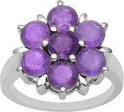 [MOONEYE] 925 Sterling Silver With Round Amethyst Gemstone Flower Design Cluster Ring