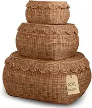 BEBE BASK Large Scalloped Basket Set Of 3 - Hand-Woven & Award-Winning Scallop Basket - XXL - Extra Large for Blankets 22 x 16 x 10 In - Elegant Wicker With Scalloped Edge Lid (Mocca)