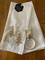 " Golden Christmas trees kitchen towels w/ crochet towel ring holder (3pcs set)