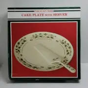 New Christmas10" Porcelain Holly & Berries White Cake Plate w/Server By Venture