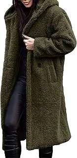 [Qolkmuiy-GJ] Women Winter Hooded Fuzzy Fleece Coat Teddy Bear Long Faux Fur Coats Solid Color Button Down Open Front Outwear (Green,XL), Green, XL
