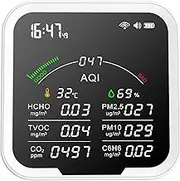 Portable Air Quality Meter HCHO/TVOC/CO2/PM2.5/PM10/C6H6 Temperature and Humidity Tester 4.8Inch Large Screen Carbon Dioxide Detector with Time Display and Alarm Clock White