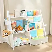 Kids Book Shelf and Toy Storage Organizer, IEMIEBSHA 3-Tier Sturdy Wooden Kids Bookcase with Drawers Pockets Hole Boards, Montessori Toddler Book Shelf for Children Rooms Bedroom Playroom Nursery