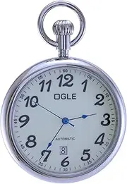 [OGLE] 3ATM Waterproof Vintage Stainless Steel Case Gold White Large Face Big Dial Calendar Date Day Fob Self Winding Automatic Skeleton Mechanical Pocket Watch Chain Box