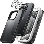 JETech 5 in 1 Matte Case for iPhone 15 Pro Max 6.7-Inch with 2-Pack Each Tempered Glass Screen Protector and Camera Lens Protector, Translucent Back Shockproof Phone Cover (Black)