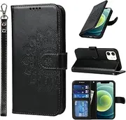 for iPhone 12 Mini Case Wallet with Cards Holder,Coque for iPhone 12Mini Flower Strap Case,Leather Case Women Cover Bag portefeuille Pour Femmes for iPhone12 Mini Black