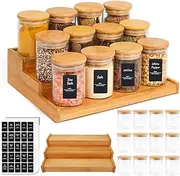 KITment 12Pcs Glass Spice Jars with Step Shelf, 8oz Airtight Spice Jars with Bamboo Lid, 3 Tier Seasoning Organiser Countertop Display Shelf for Kitchen Cabinet, Pantry, Cupboard, with Spice Lables