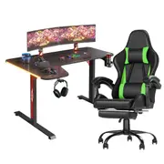 Advwin L Shape 140cm Gaming Desk RGB LED Light & Gaming Chair Racing Recliner Executive Seat Office Chair Black & Green