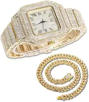 [Halukakah] Men's Watch - The King - 18K Gold/Platinum Plated, 40MM Square Dial, Diamonds Iced Out Wristband, Optional with Cuban Link Chain Necklace or Bracelet, Comes in Giftbox, for Boyfriend Husband