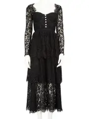 Black Fine Corded Lace Tiered Midi Dress