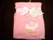 New Baby Crib Blanket Plush Textured Pink w/ Swan Gold Sweet Dreams 30x40" NWT