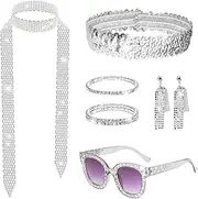 [SAIIURV] 7 Pcs Disco Accessories Set, Disco Costume Set with Sequins Headband Bling Sunglasses Long Scarf Bracelet Ring Earrings for Girls Women 70s 80s Fancy Dress Up Party Halloween (Silver)