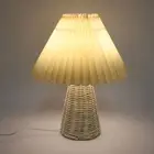 Pleated Table Lamp with Remote Control Modern Beige Fabric Shade Rattan Base