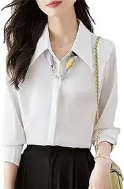 [Generic] Women's Long Sleeve Turn Down Collar Shirt White Chiffon Blouse Office Ladies Formal Shirts