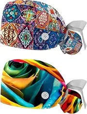 [YTYVAGT] 2-Pc,Nurse Scrub Caps,Scrub Hats with Buttons and Cotton Sweatband,Ethnic Floral Vintage Plaid Pattern