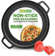 NutriChef 13" Cast Iron Pizza Pan - Cast Iron Pizza Baking Pan, Steel Pizza Cooker with Easy Grip Handle - for Gas, Electric, Glass, Induction Cooker, Oven, & Grill/Campfire - 2 Silicone Handles