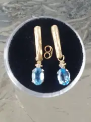 Blue Topaz Labcreated Oval Cut & Diam Stud Earrings 10kt Solid Yellow Gold