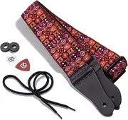 KLIQ Music Gear Vintage Woven Guitar Strap For Acoustic And Electric Guitars | '60S Jacquard Weave Hootenanny Style | 2 Rubber Strap Locks Included, Woodstock Red