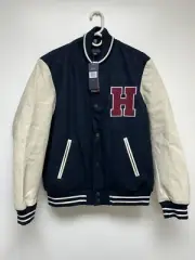 New $250 Tommy Hilfiger Men's H Black Letterman Varsity Bomber Jacket Size M