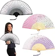 3 Pack Premium Chinese Handheld Fans with Tassels, Floral Folding Hand Fans for Women, Vintage Hollowed Bamboo Silk Fan, Women Dance Decorations Fans for Music Festival Party Favors Daily Use (01)