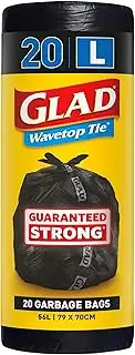 Glad Wavetop Tie Garbage Bags, 20 Large Multipurpose Garbage Bags, Large Size Fits 56L Bin, 20 Count