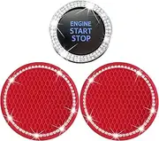 2 Car Cup Holder Coaster and 1 Crystal Rhinestone Engine Push Start Stop Button Cover Decoration, Interior Accessories for Women, Sticker Bling Ignition Ring (Blingred)