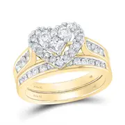 14k Yellow Gold Princess Diamond Heart Bridal Wedding Ring Set 1 Cttw