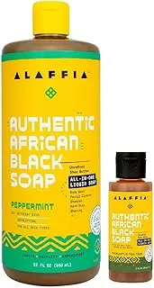 Alaffia Authentic African Black Soap Variety 2-Pack – All-In-One Liquid Soap, Travel-Size Eucalyptus Tea Tree + Full-Size Peppermint Body Wash, Face Wash, Shampoo, Shaving Soap