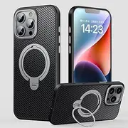 Jarttarn 360° Ring Holder Carbon Fiber Magnetic Phone Case for iPhone 16 Pro Max (2024), Wireless Charging Stand Suitable Phone Cover for iPhone 16 Pro Max (Gray)