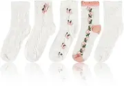 [WATUNID] 5 Pairs Frilly Socks Women, White Ankle Socks Cute Lace Ruffle Socks, Cotton Socks Girls Solid Lettuce Edge Breathable Casual Crew Knit Socks For Ladies Dress Gifts, White, One Size