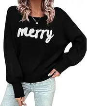 [MOBJVIY] Women's Merry Christmas Sweater Long Sleeve Sweatshirts Holiday Winter Warm Knitted Pullover Sweater Tops