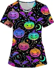 [HXHYQKP] Halloween Devil Cat Pumpkin Scrubs Tops for Women Nurse Vet Pediatric Hospital Plus Size Scrub Shirts Uniform
