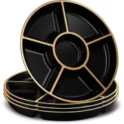 6 Sectional Round Plastic Serving Tray/Platters Black & Gold Pack of 8
