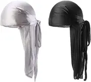 [AEIOFU] Long Tail Durag Breathable Waves Headwraps Durag Cap Bandana Turban Hat 2PCS Black Gray Waves Headwraps Bandana Turban Hat Long Tail Durag for Riding