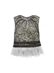 Grey Layered Lace Feather Trim Top
